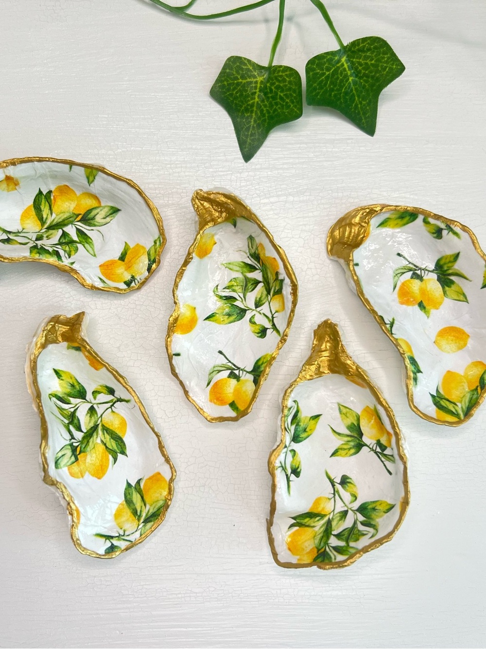 Set of 5 Lemon Print Oyster Shells – Coastal Citrus Collection 🍋